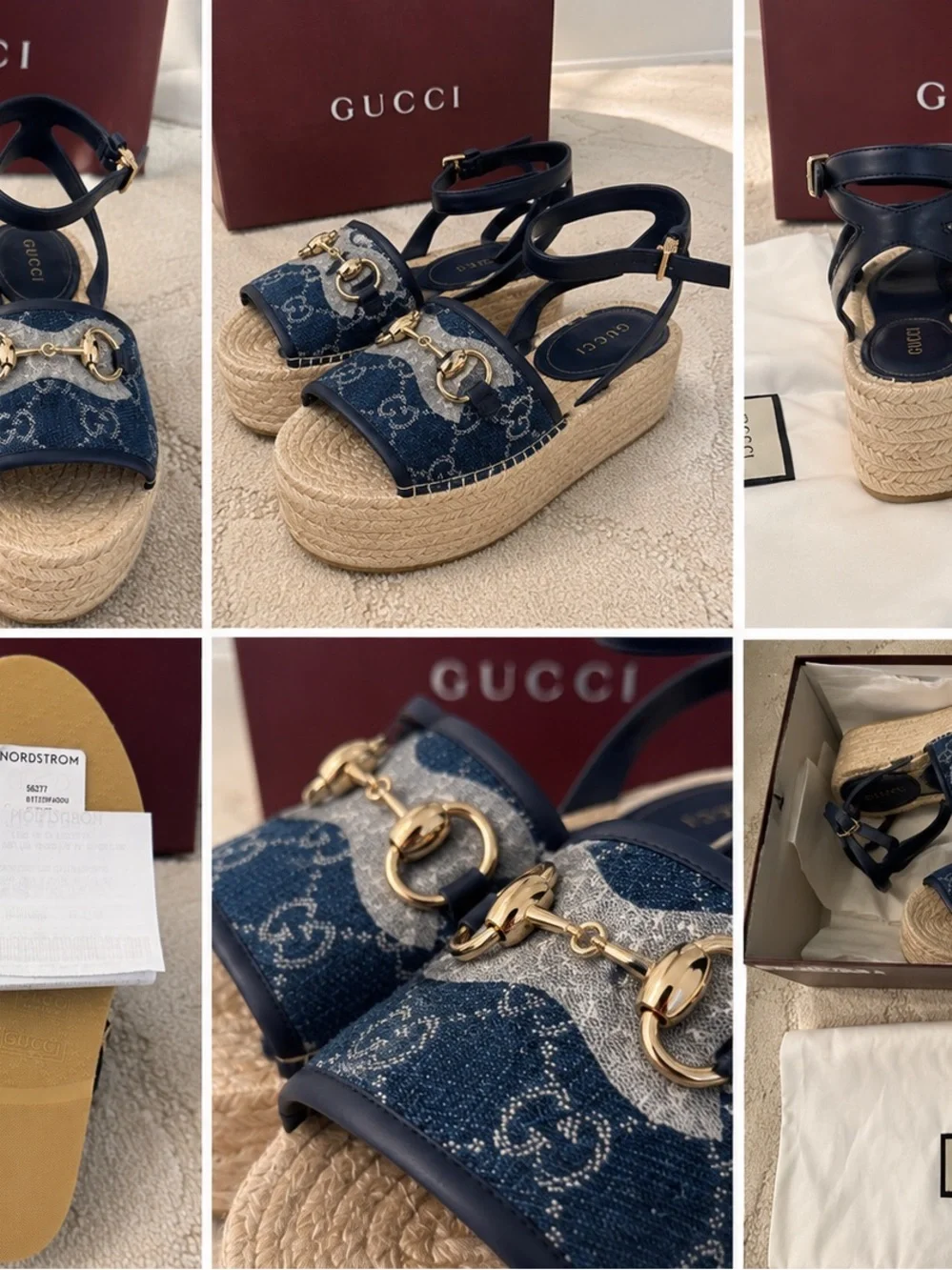 NWT Gucci Paloma GG Denim Horsebit Platform Espadrille Sandals EU 35